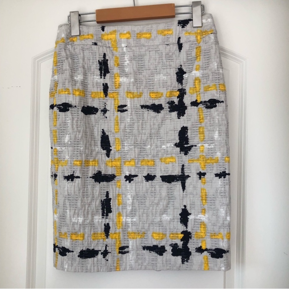 ESCADA Rebecca Pencil Skirt Lt Grey Yellow Plaid